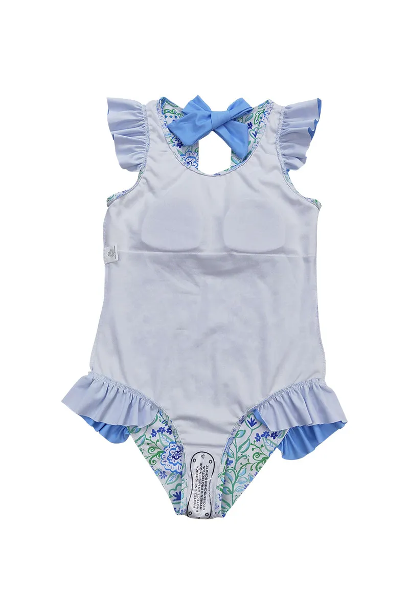 Blue floral print ruffle one-piece girl swimsuit