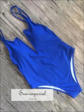 Blue One Piece Women Swimsuit High Waisted Deep Plunge V-neck with Double Strap detail