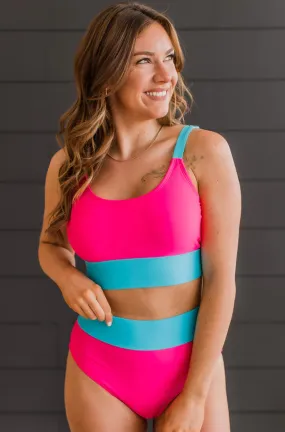 Catching Waves Bright Pink & Blue Bikini Swim Top