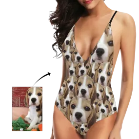 Custom Cute Dog Face V-Neck Women's One Piece Sexy Swimsuit