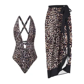 Deep V Leopard Print One Piece Swimwear with Cover Up