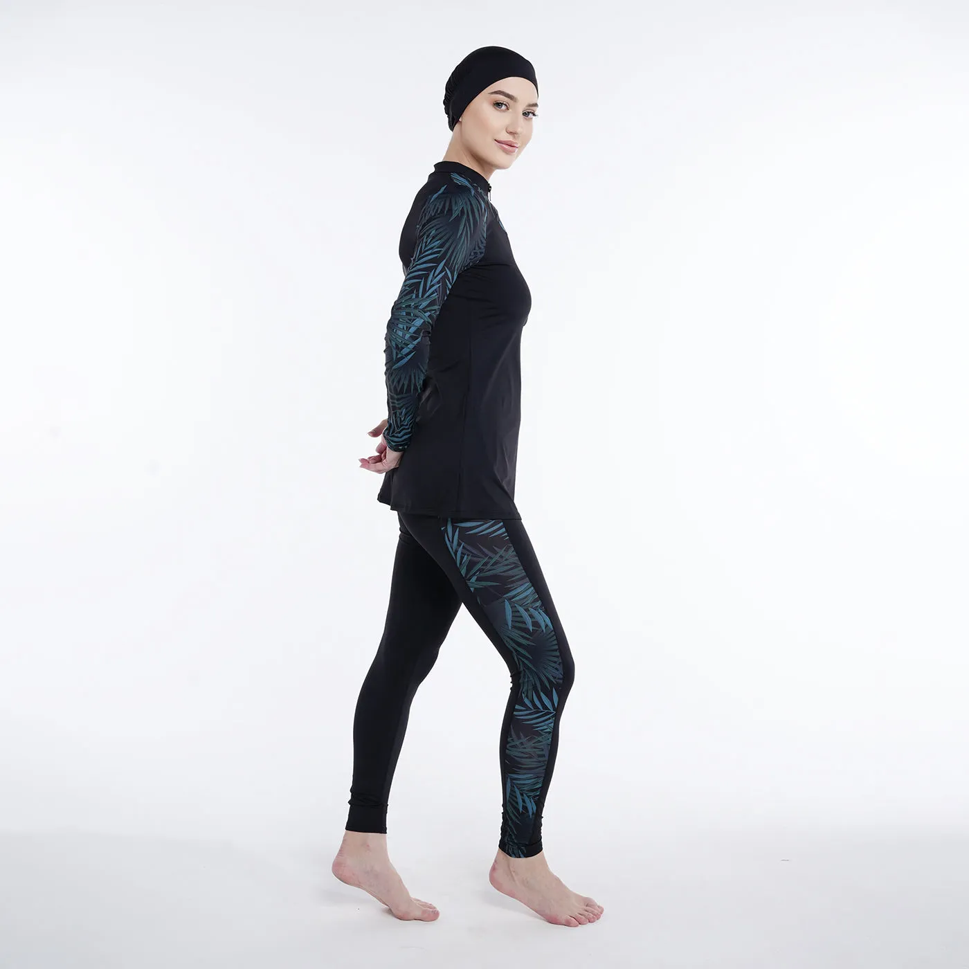 Two Piece Burkini - Black/Green Palm Pattern