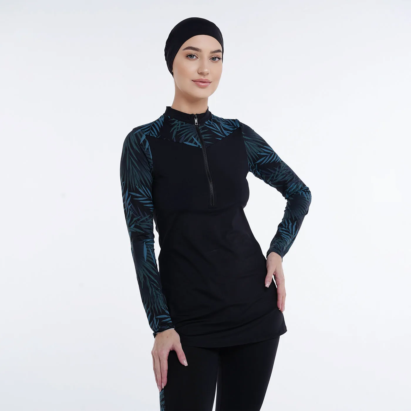 Two Piece Burkini - Black/Green Palm Pattern