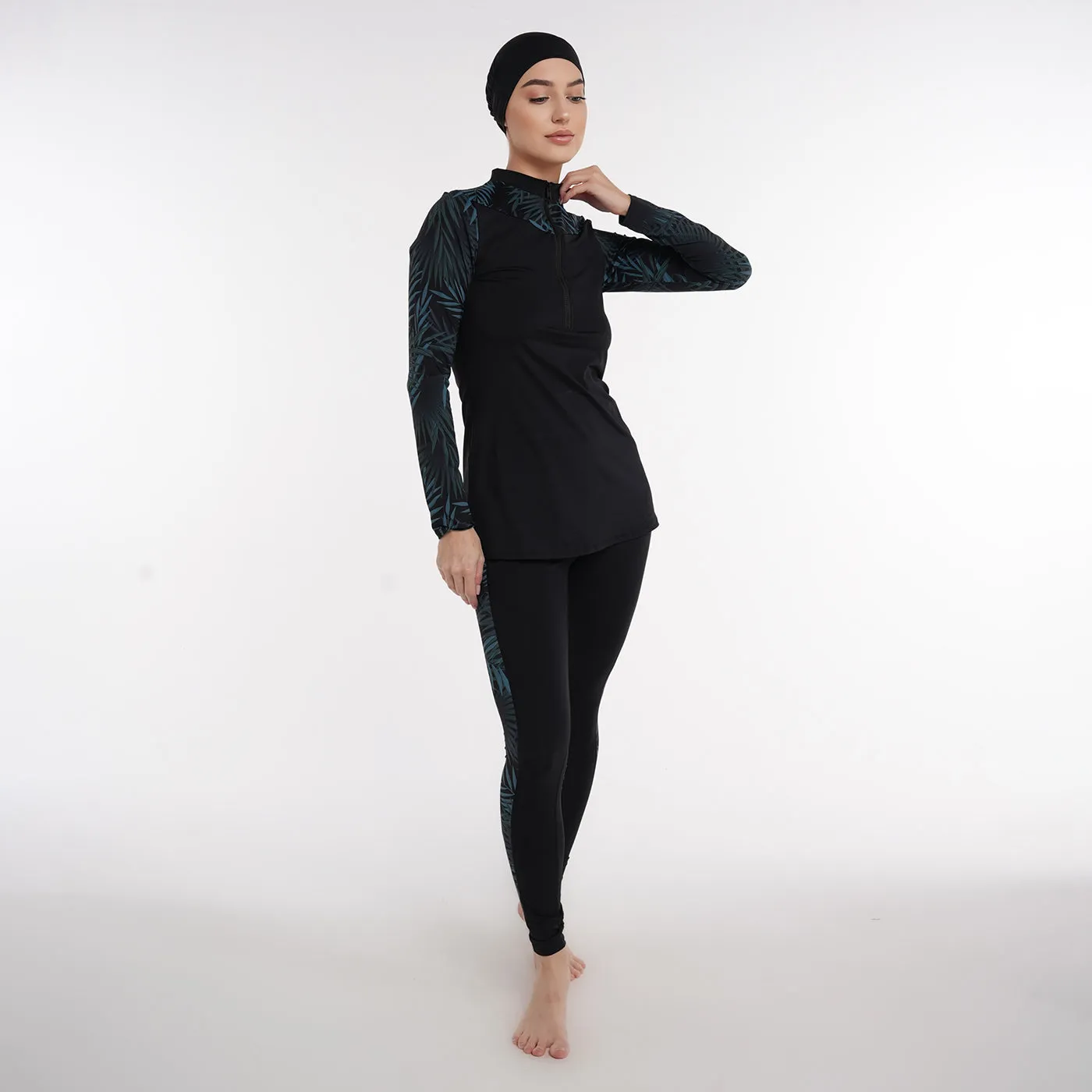 Two Piece Burkini - Black/Green Palm Pattern