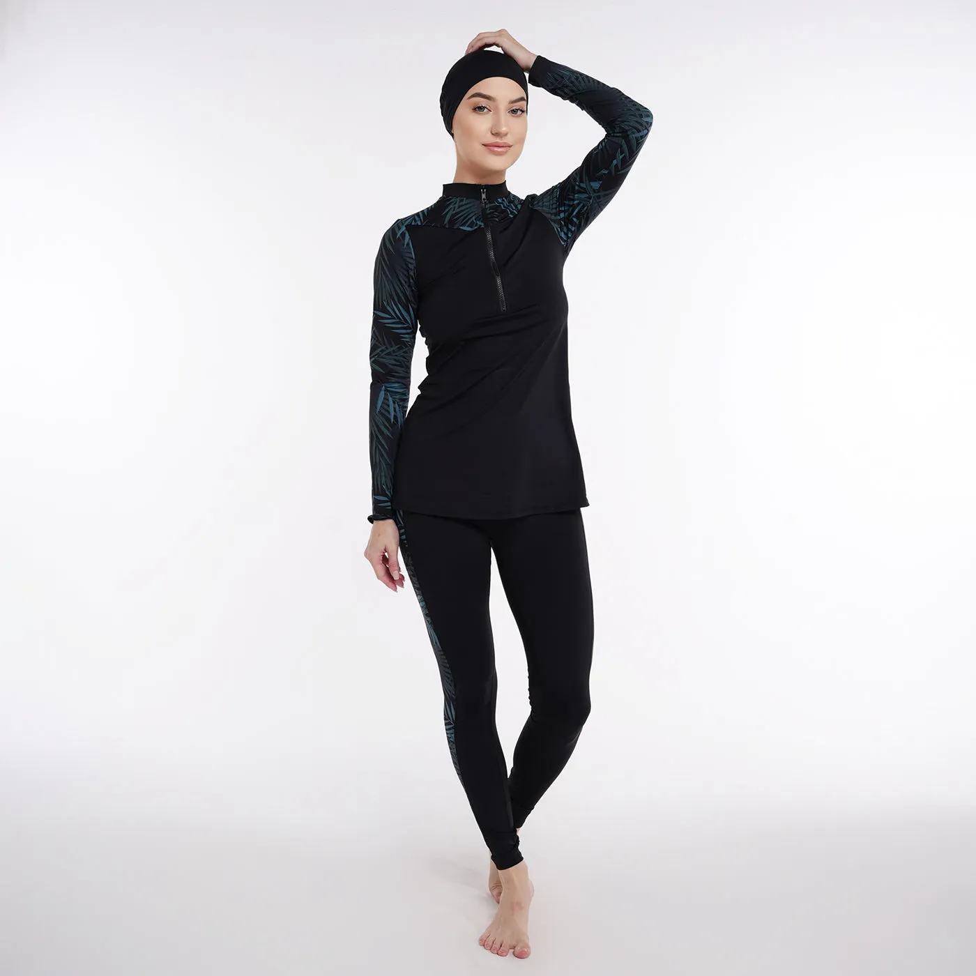 Two Piece Burkini - Black/Green Palm Pattern